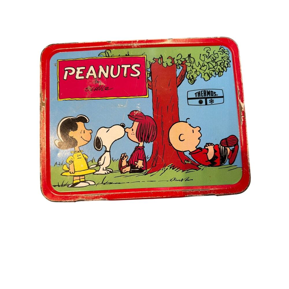 vtg 1973 Peanuts Metal Lunch box & plastic thermos Charlie Brown retro stickers
